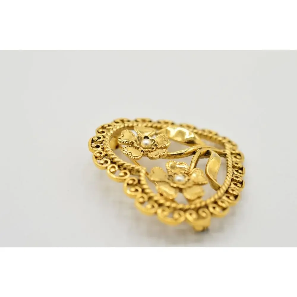 Vintage Pin Brooch Gold Floral Flower Heart Faux Seed Pearl Bead Metal 1980s 9B